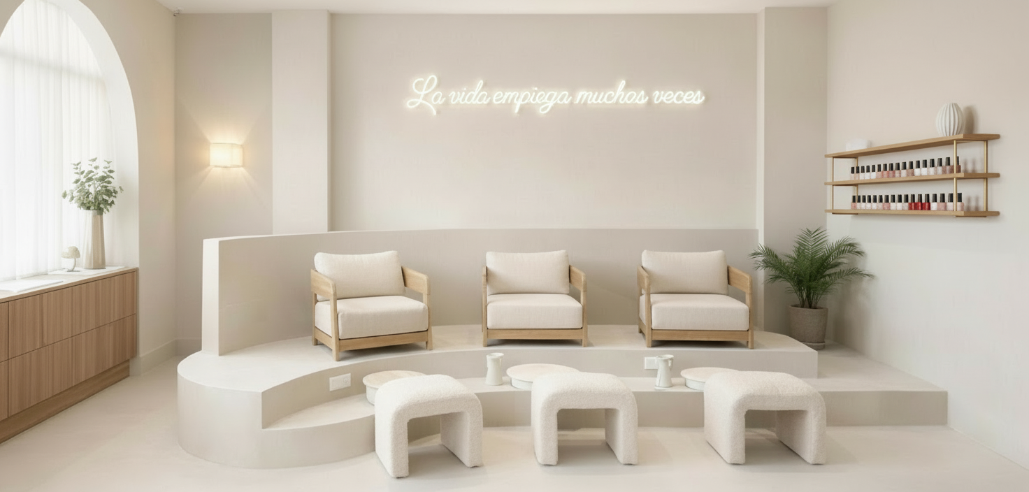 Interior Le Maise Leganés — sillones bouclé, plataforma circular y neón
