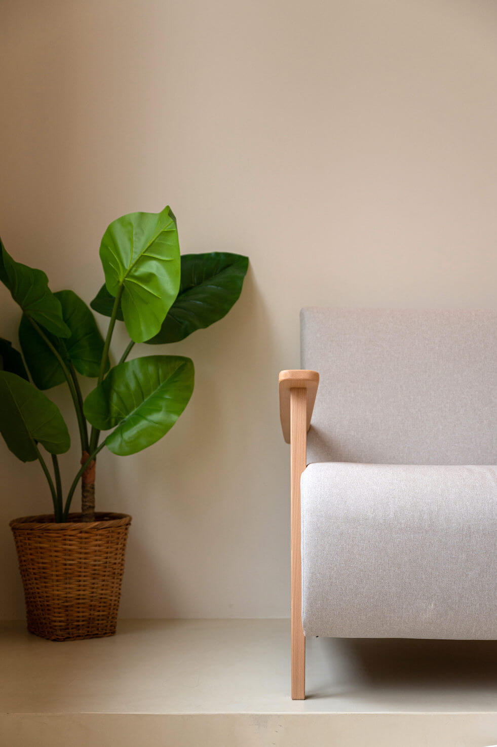 Detalle sillón y planta en Le Maise Valdebebas — ambiente cálido